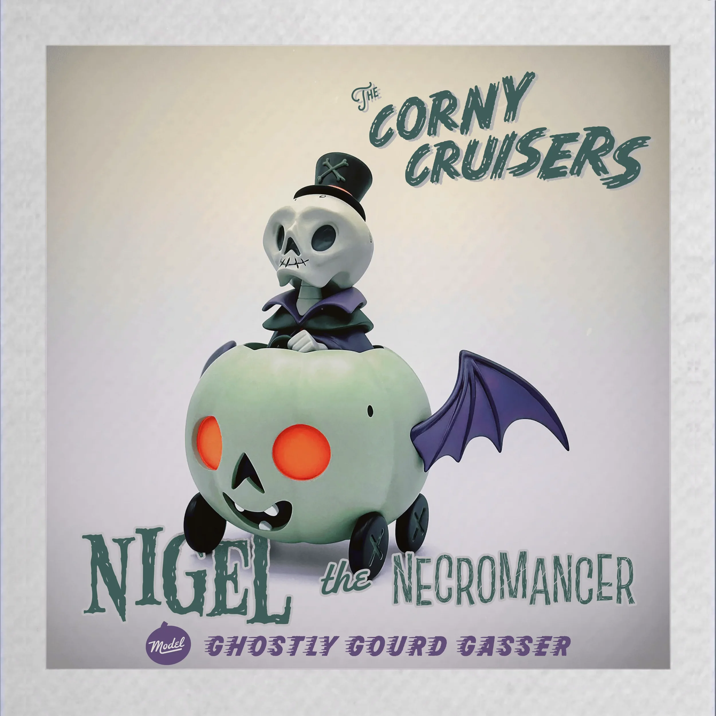 Stephanie Buscema Corny Cruisers: Nigel the Necromancer resin art toy, skeleton in top hat driving bat-winged Ghostly Gourd Gasser pumpkin car