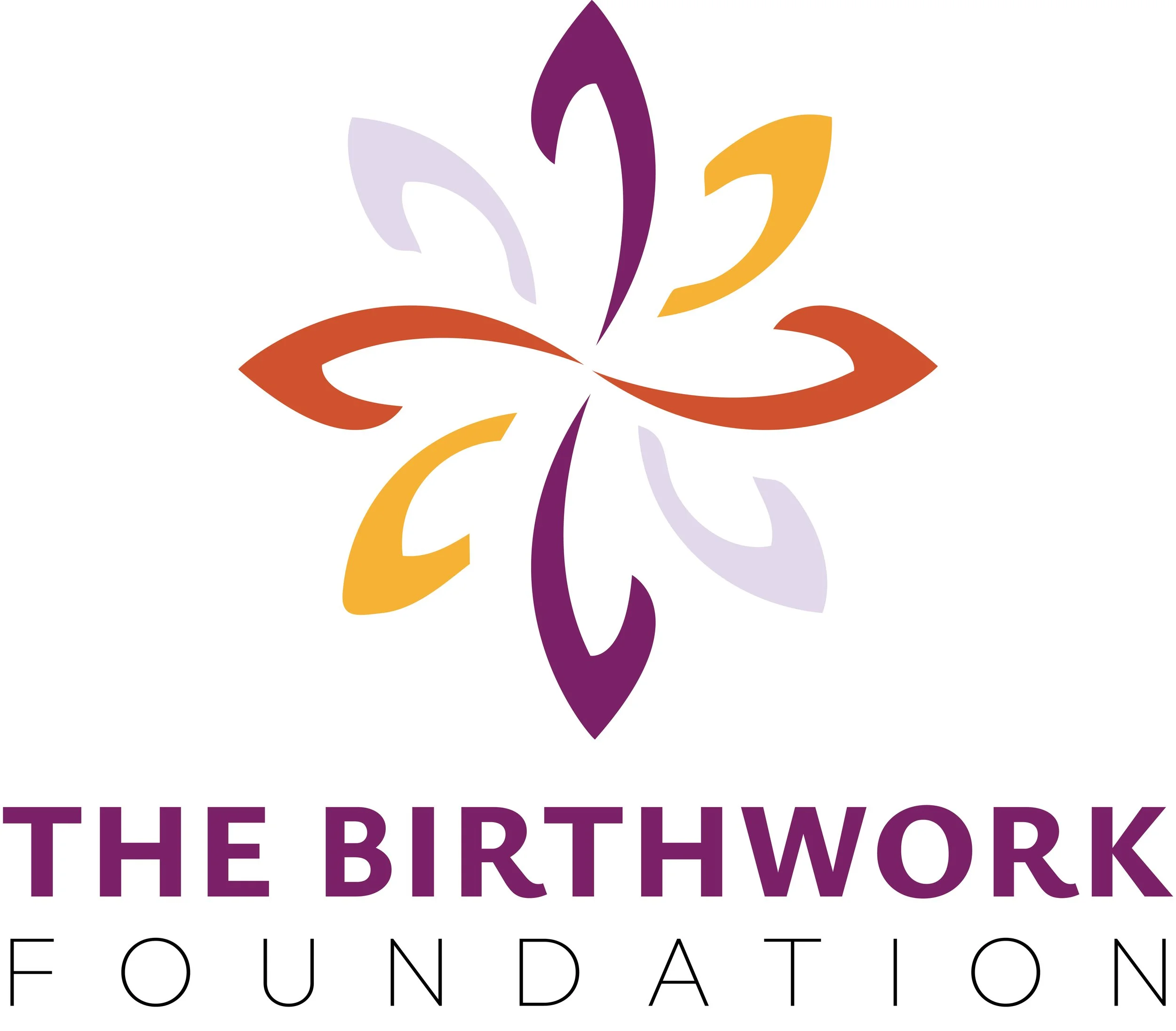 Logo of The Birthwork Foundation featuring a stylized flower with colorful petals in purple, yellow, orange, and light purple, along with the foundation's name in purple and black text.
