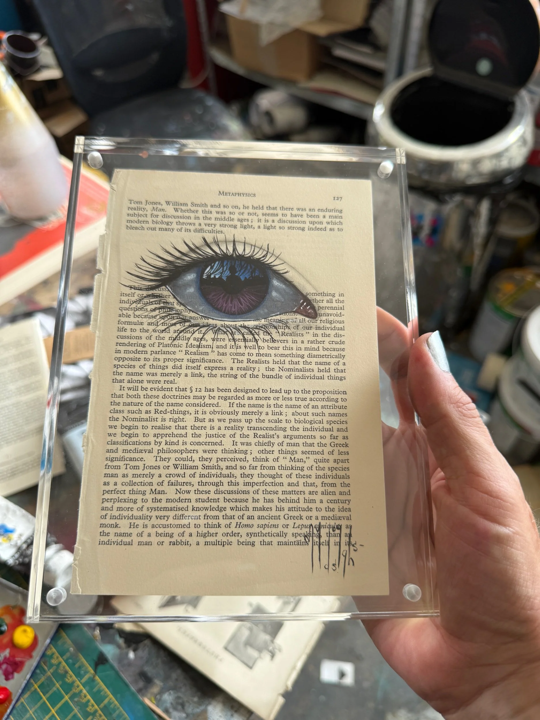 Metaphysics 127 purple iris - hand painted framed book page