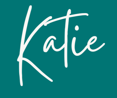 The word 'Katie' written in white cursive on a teal background.