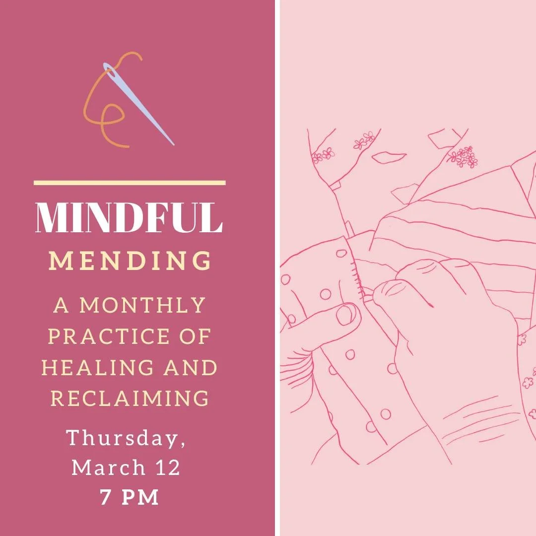 New ministry alert! Beginning this Thursday at 7 PM, local artist Emily Hartford will begin hosting a monthly "Mindful Mending" gathering in Shalom Place at the Temple. Bring your garments that are worse for the wear, and bring new life to 