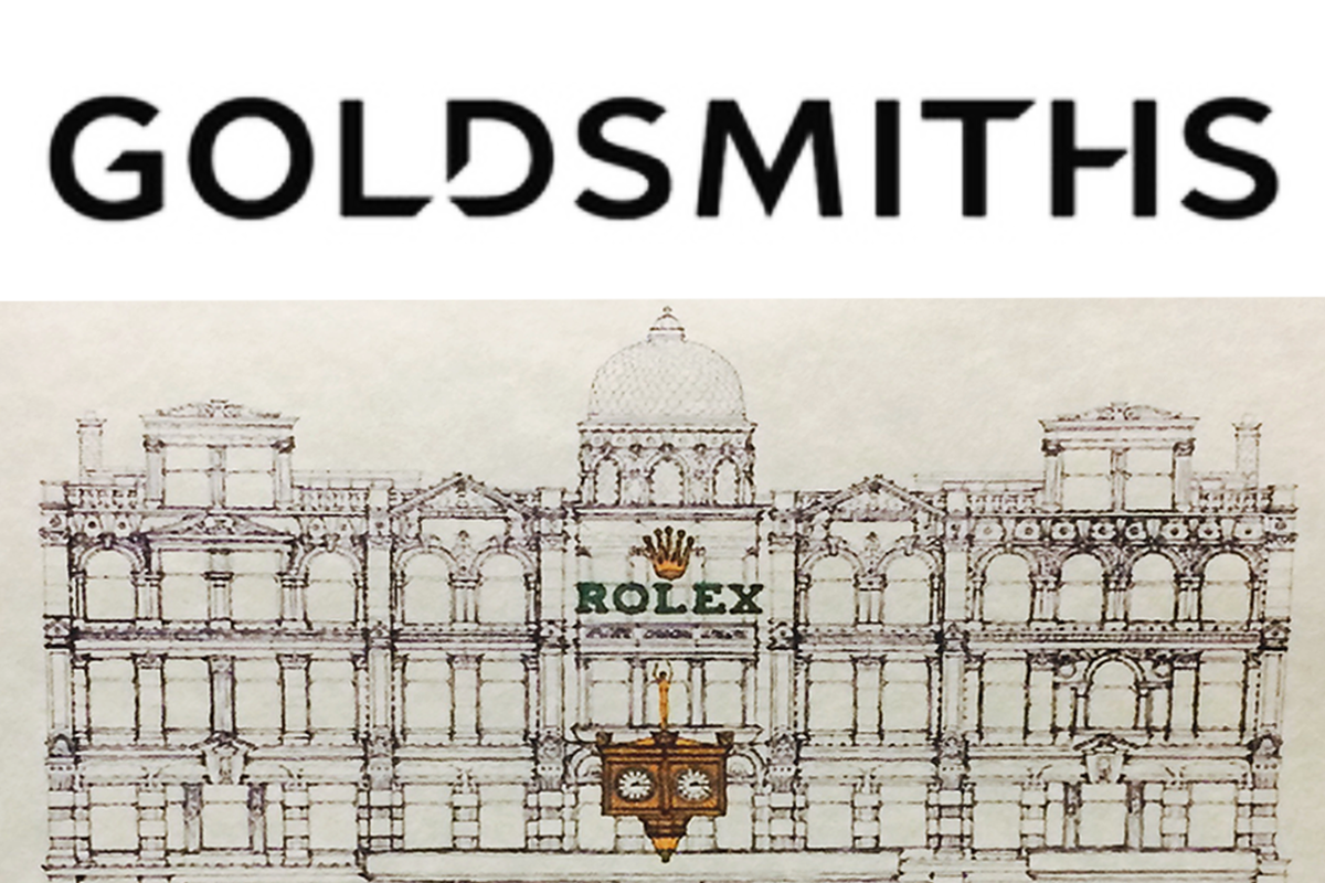 Drawing of a historic building with a dome, arches, and ornate details, featuring the Rolex logo and name on the front facade.