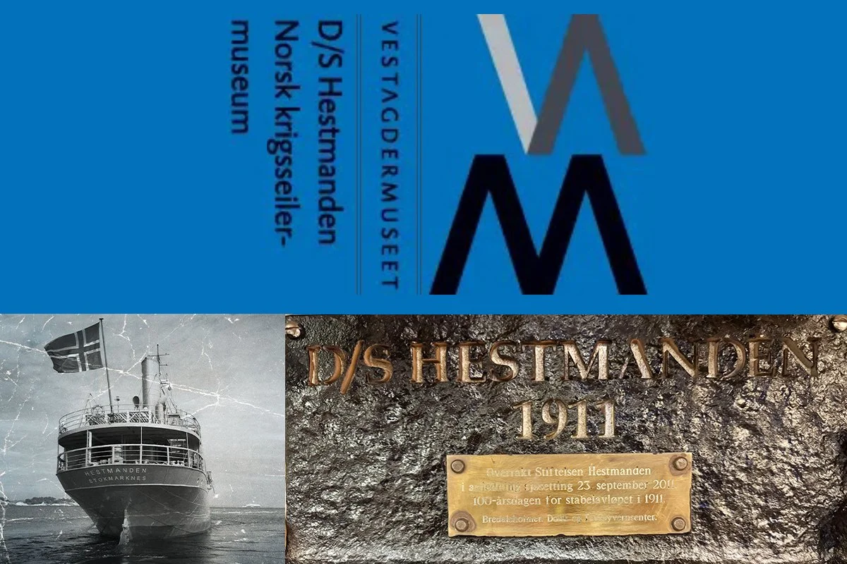 A collage featuring a blue sign with text and logos, a black and white photo of a ship with a Norwegian flag, and a close-up of a plaque on a textured wall with the words 'D/S HESTMANDEN 1911' and additional text in Norwegian.