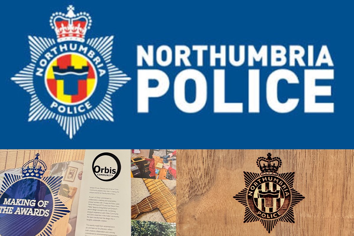 Compilation of Northumbria Police logos and images, including a large blue sign with the police badge and text, two smaller badges, and various community-related photos.