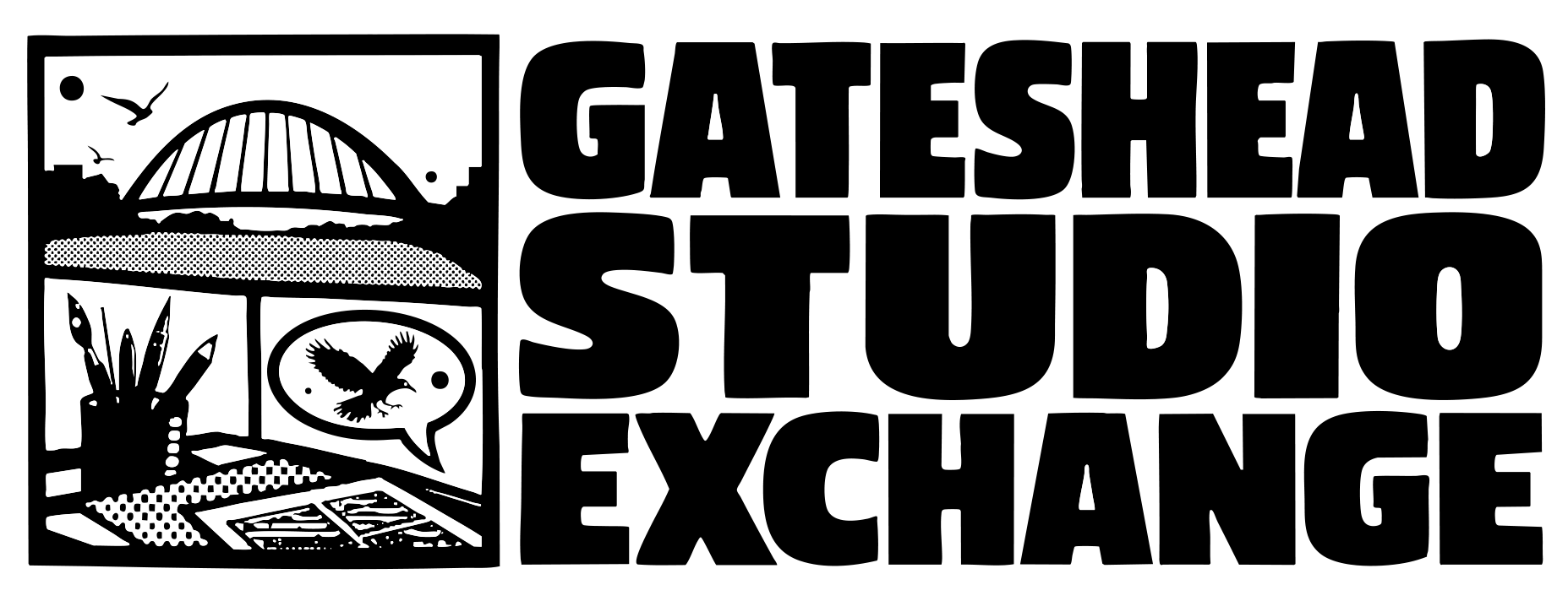 Black and white logo for Gateshead Studio Exchange, featuring a panel with a bridge, birds, an artist's hand with tools, and a bird in a speech bubble.