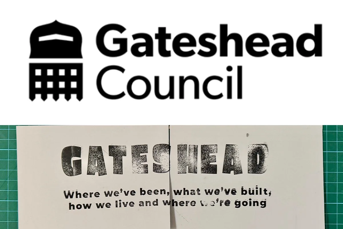 Logo of Gateshead Council with a stylized building icon and the text "Gateshead Council"; below, a sepia-toned poster with the title "GATESHEAD" and the subtitle "Where we've been, what we've built, how we live, and where we're going."