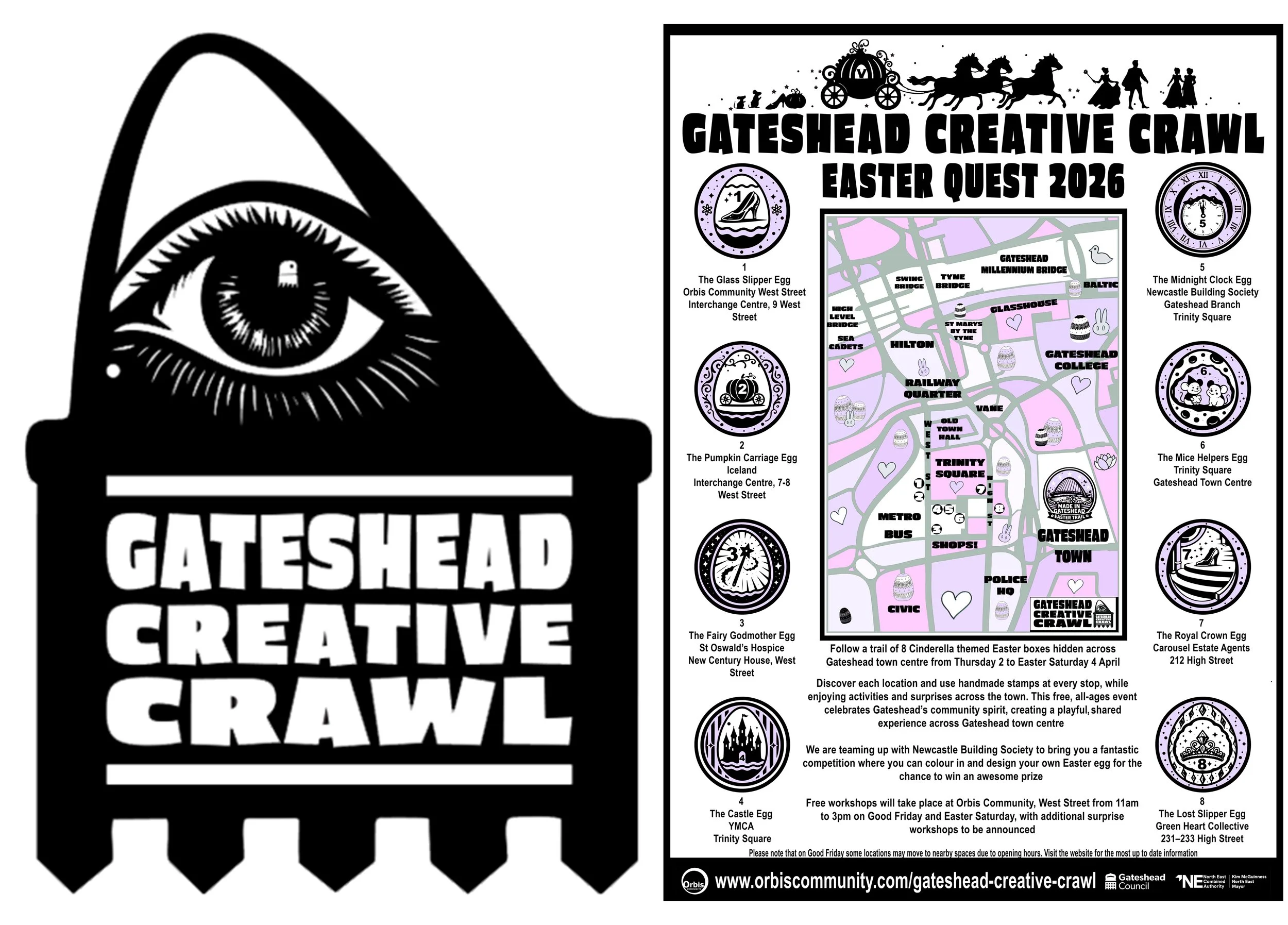 Poster for the Gateshead Creative Crawl Easter Quest 2026, featuring a map with locations, icons of Easter eggs, and a list of egg discoveries, with various decorative illustrations including horses, carriages, and figures from fairy tales.