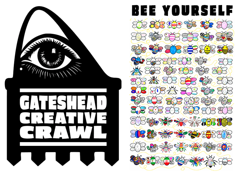 A promotional poster for the Gateshead Creative Crawl event, featuring a stylized black and white graphic of a pencil with an eye and a bee on top, and a grid of colorful, illustrated bees with various designs and patterns, accompanied by the text "BEE YOURSELF" at the top.