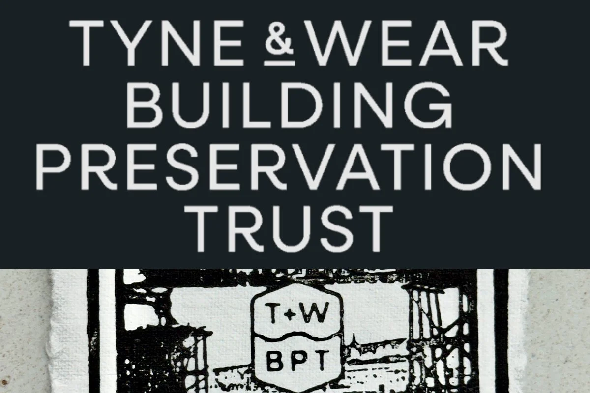 Sign displaying the words 'Tyne & Wear Building Preservation Trust' and a black-and-white sketch of a bridge with the initials 'T+W' and 'BPT'.