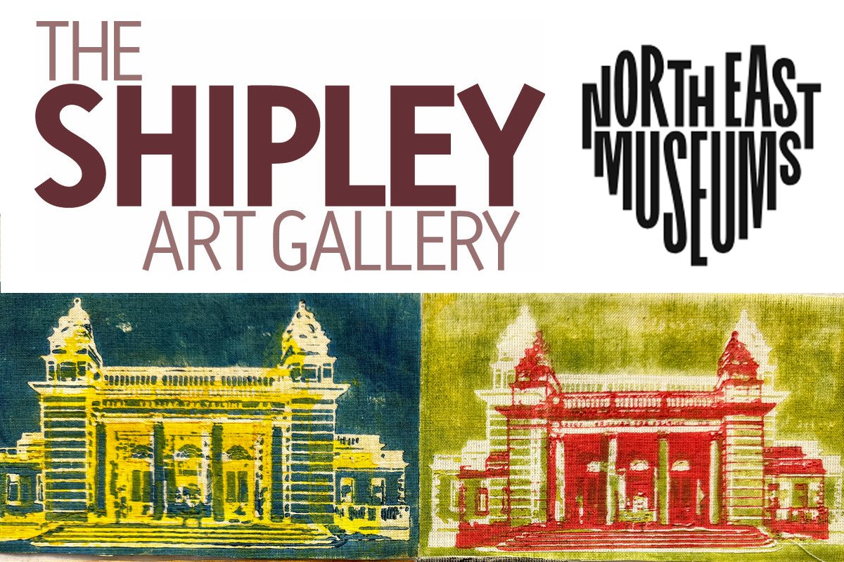 Poster for The Shipley Art Gallery and Northeast Museum with colored images of a building in yellow and red