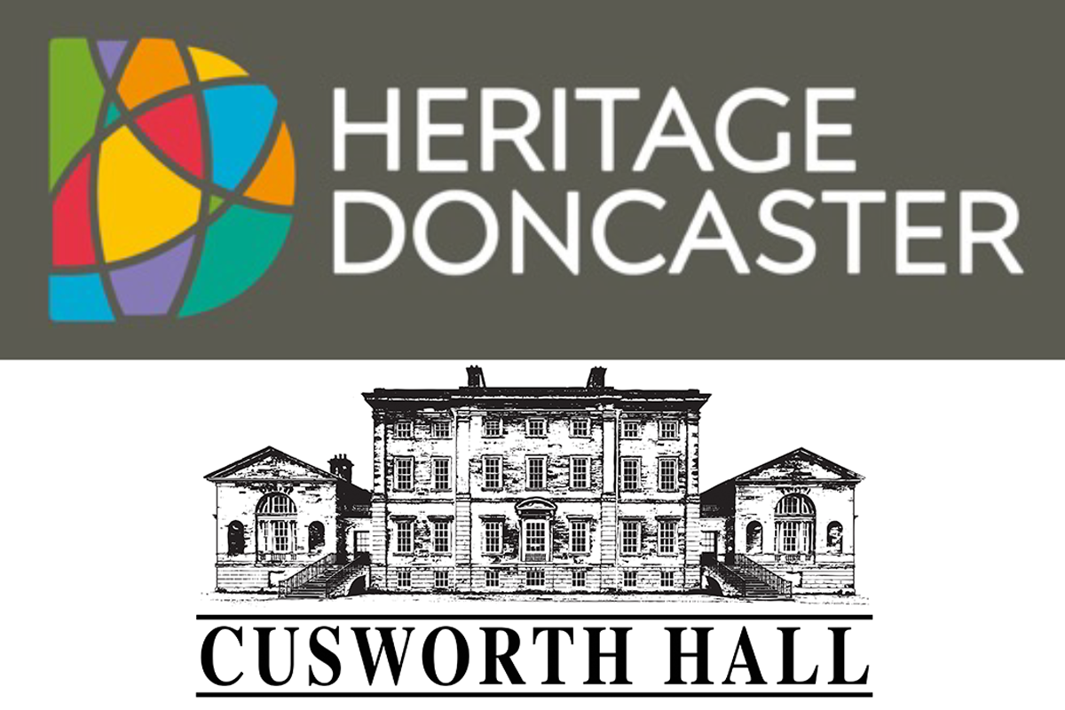 Logo of Heritage Doncaster with a colorful abstract globe, and an illustration of Cusworth Hall, a historic building, below