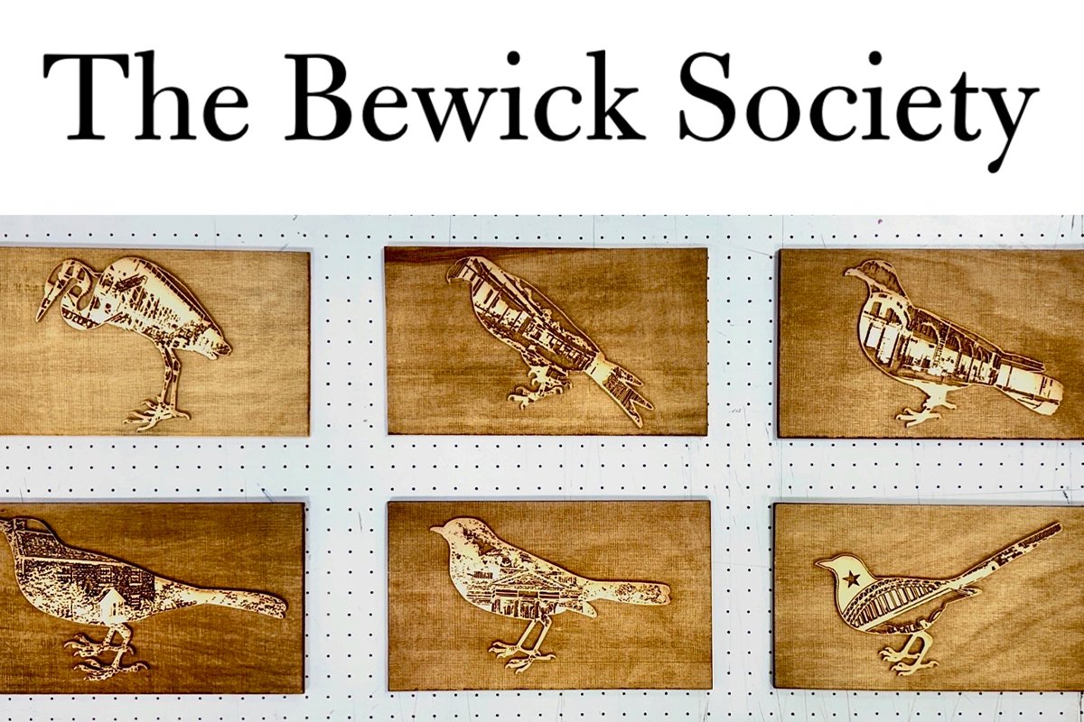 Six wood plaques displaying artistic images of different birds, with the header 'The Bewick Society' above.