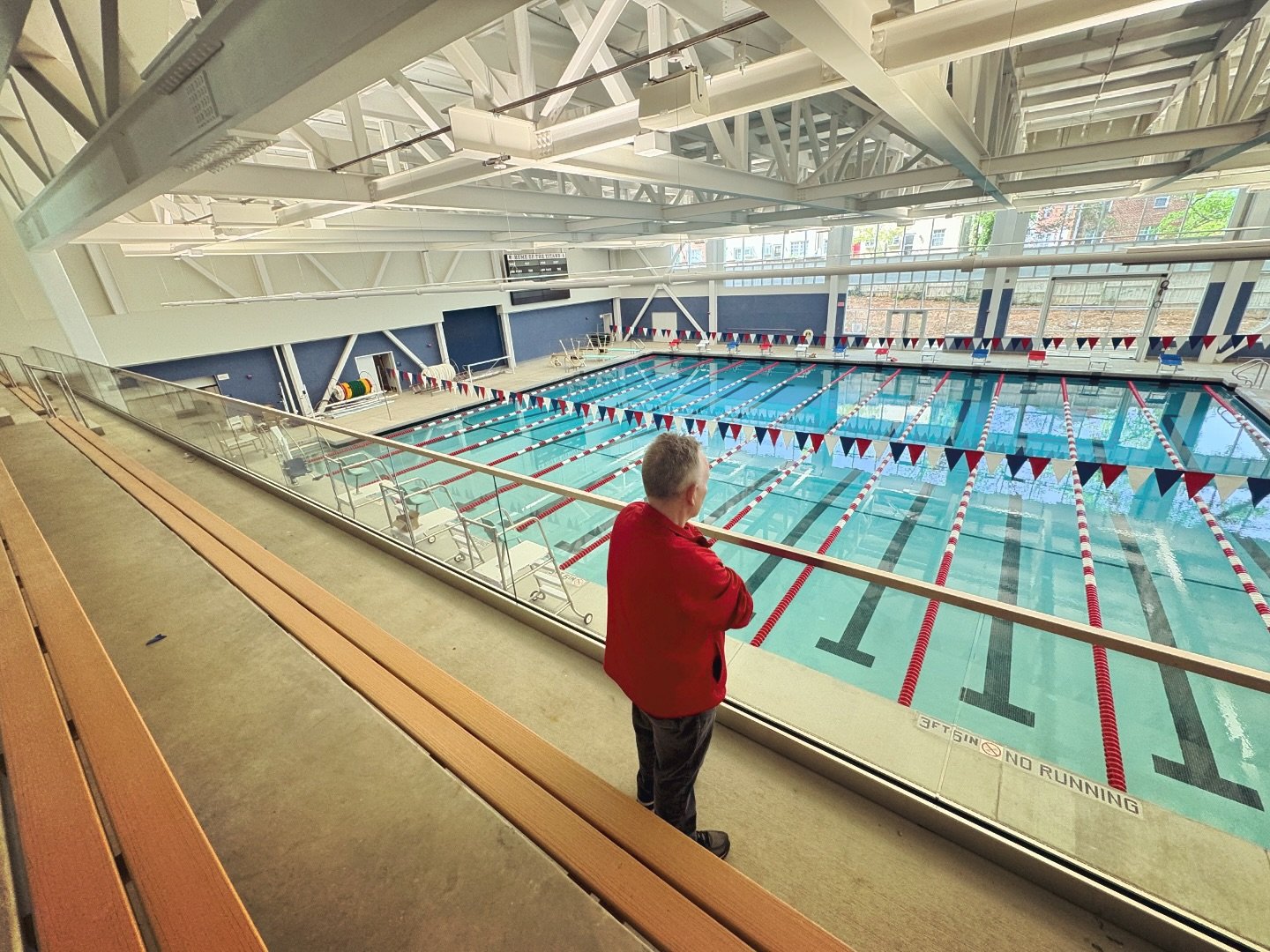 Since @justindotnet already leaked photos from inside the new Minnie Howard, I guess it&rsquo;s now safe to share this photo of @timbeaty remembering his glory days as a Varsity swimmer (and wrestler??) while on a tour of the new building.