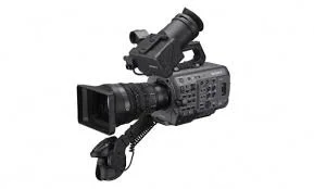 Professional video camera with a mounted viewfinder and lens