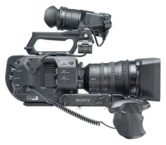 Professional Sony broadcast camcorder with lens and viewfinder