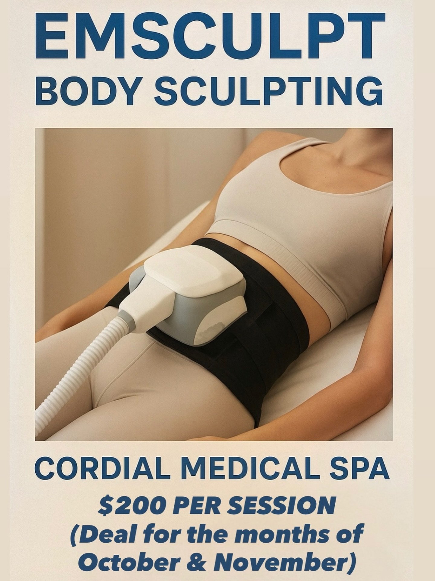 Body sculpting deal for the months of October &amp; November.. Deal avaliable for Emsculpt for abdomen, biceps &amp; triceps, glutes, &amp; thighs. Call us to book today 847-990-0510 ✨