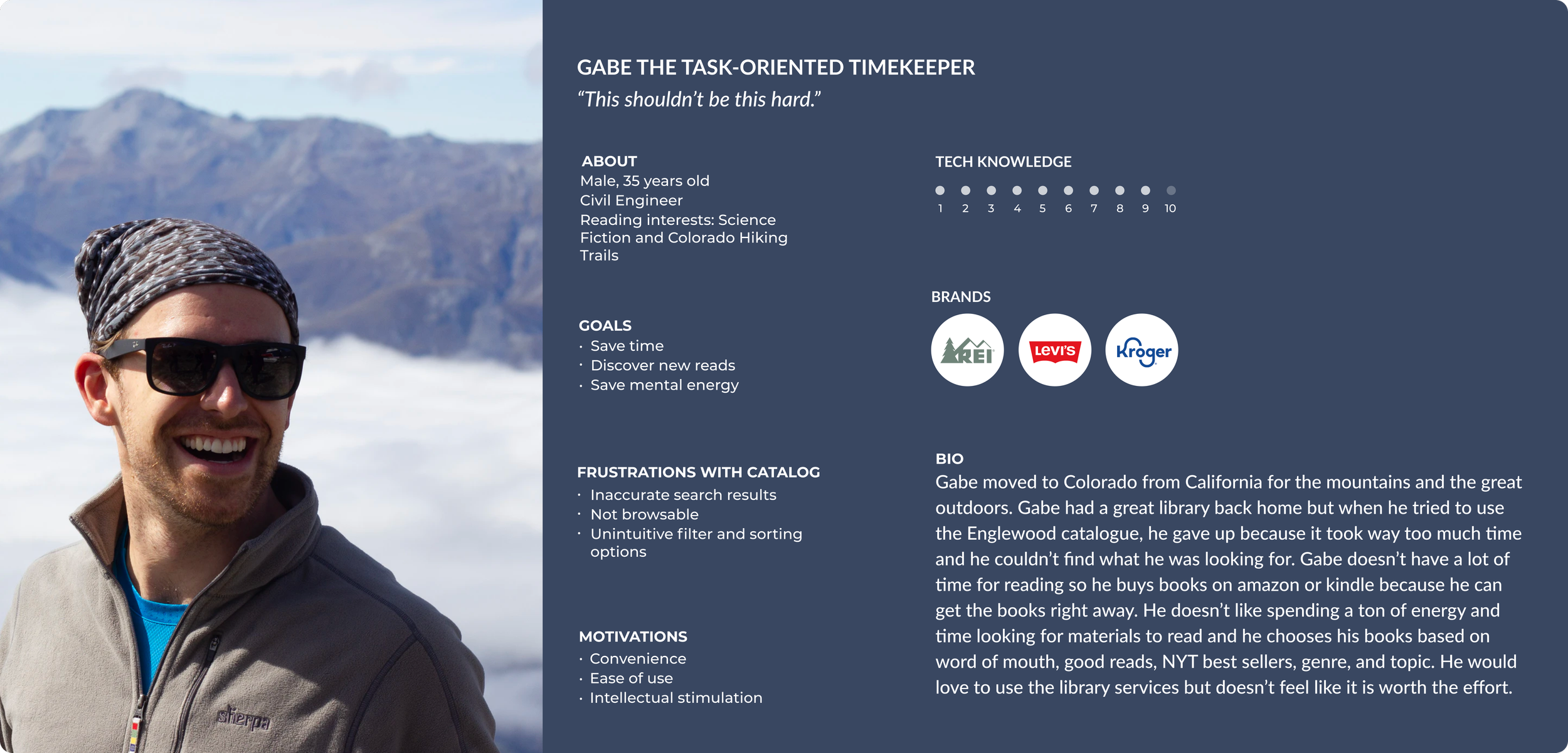 Photo of a young white man with the mountains smiling and descriptions of his goals and motivations