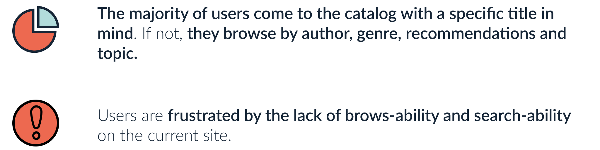The majority of users come to the catalog with a specific title in mind. If not, they browse by author, genre, recommendations, and topic. Users are frustrated by the lack of brows-ability and search-ability on the current site.
