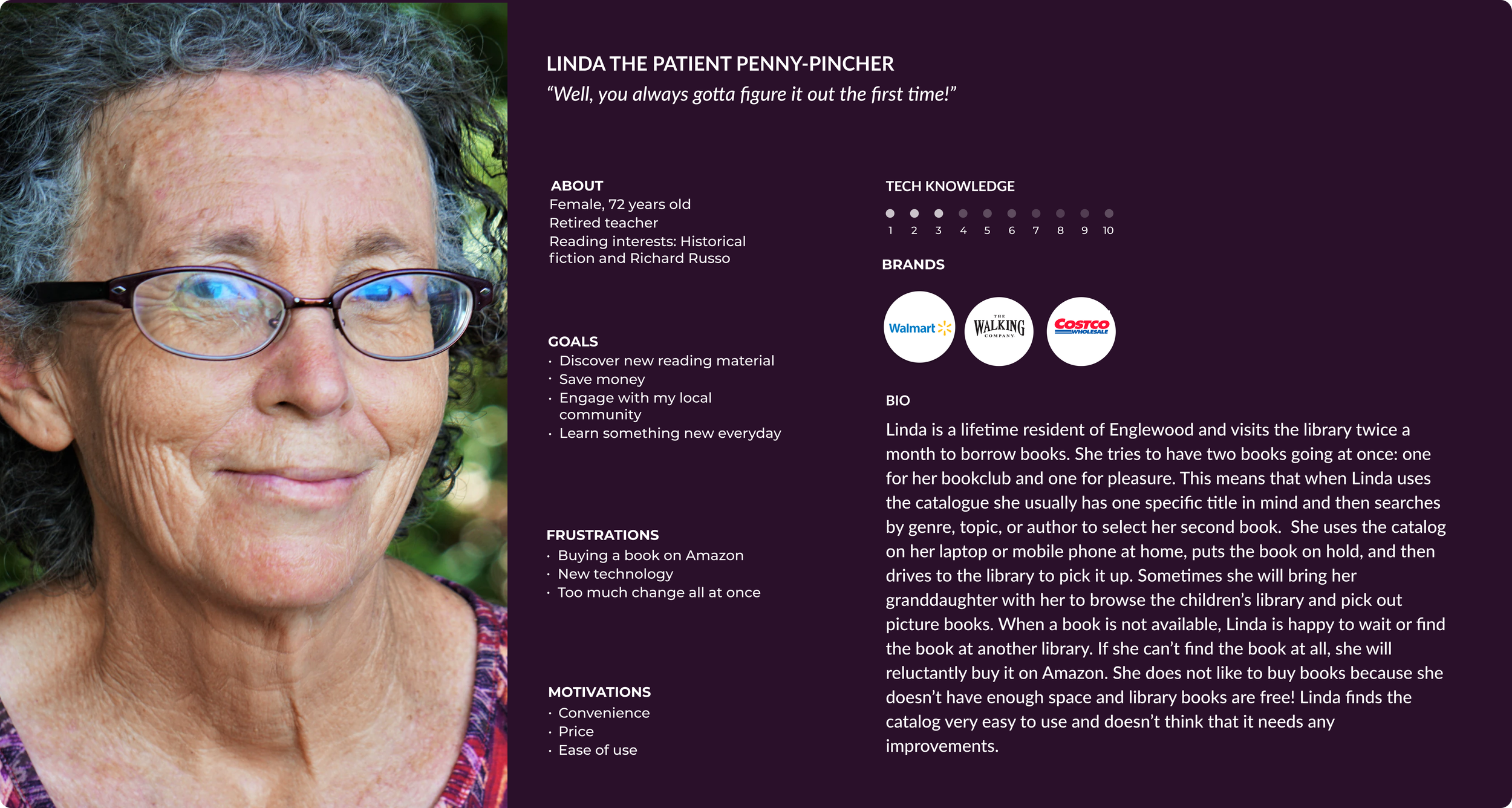 Photo of older woman and descriptions of her goals and frustrations