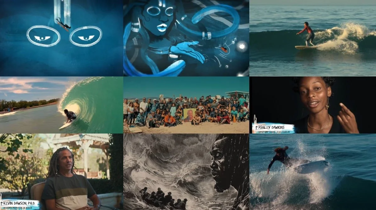 Collage of nine images depicting surfing, an underwater scene, group photos, and portraits.