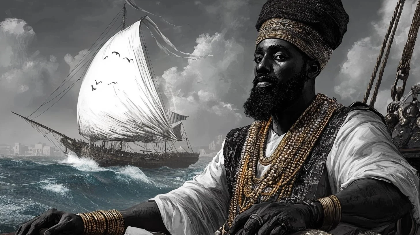 A black and white illustration of a man in traditional African attire with jewelry, a headwrap, and a beard, on a ship with a large sail on the ocean, with a city skyline in the background.