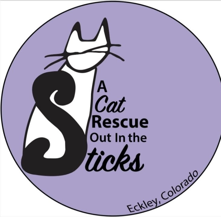Logo saying A Cat Rescue Out in the Sticks Log With White Cartoon cat and Eckley Colorado