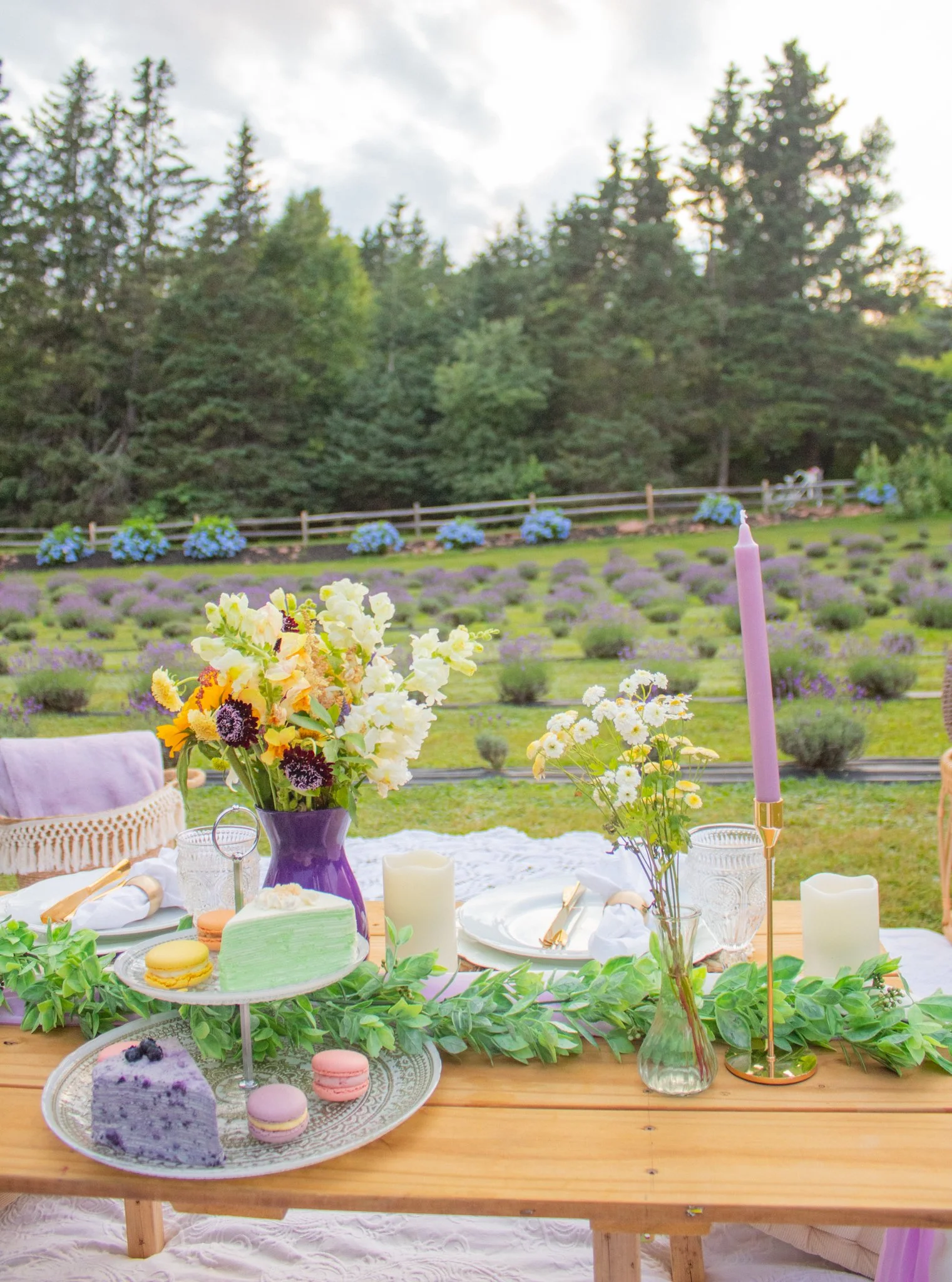 A table set for outdoor celebration with flowers, desserts like cake, macarons, and cake pops, candles, and a pink candle holder, with a background of trees and a fence.