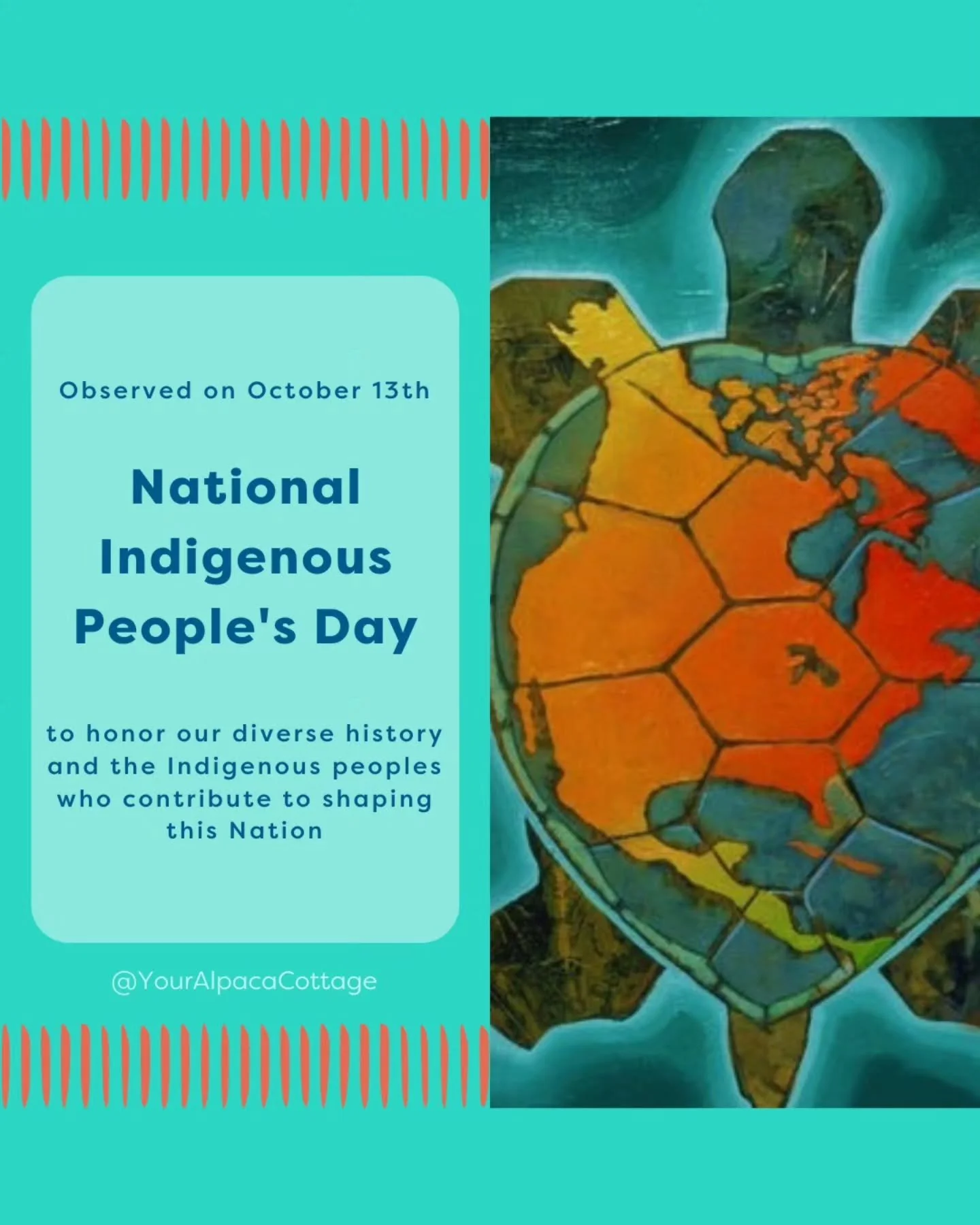 It's Indigenous People's Day. Recognizing Native land and acknowledging the contributions Native Americans have made to the country.

I would like to acknowledge the traditional custodians of the land on which Your Alpaca Cottage is today, the Cherok