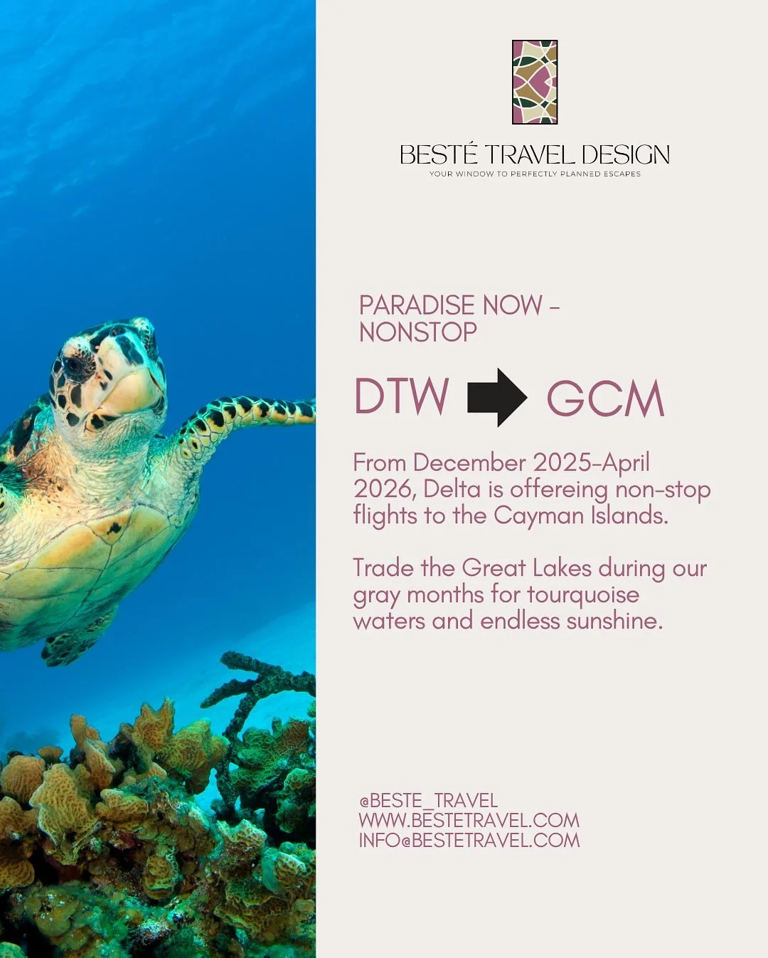 Detroit, meet paradise.
You can now fly nonstop from DTW to Grand Cayman &mdash; and we think that calls for a little sunshine on your feed. 

From world-class resorts to underwater adventures, the Cayman Islands are a short flight away and feel like