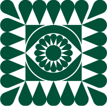 Stylized geometric pattern with a central eye-like design surrounded by symmetrical leaf and petal shapes.