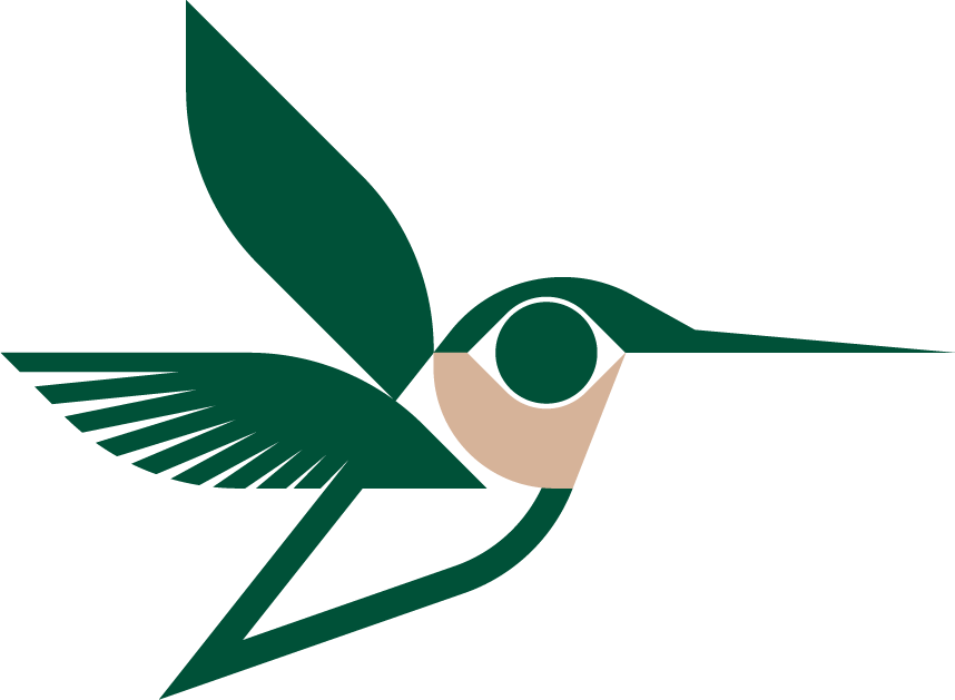 Stylized hummingbird with dark green and beige accents, depicted in flight with wings extended.