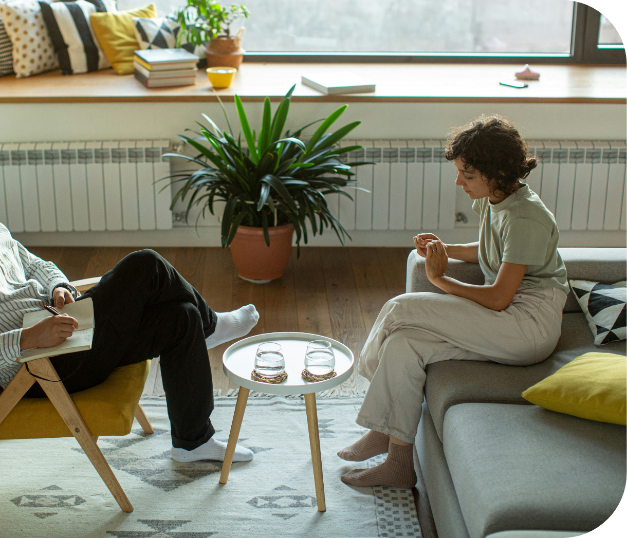Two women sitting in a living room having a conversation, with a small round table with two glasses of water between them, and a large potted green plant in the background by a window.