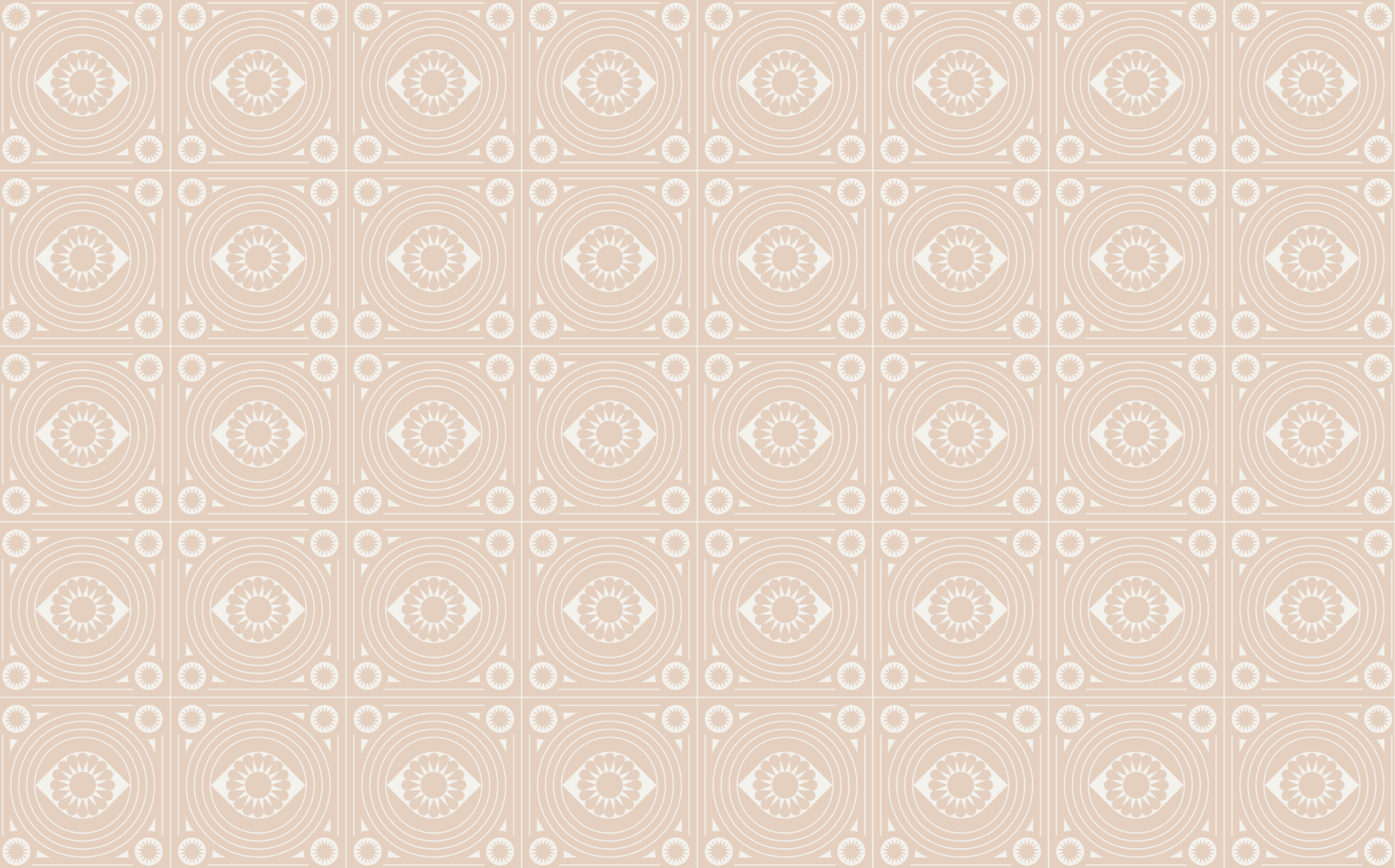 A pattern of beige tiles with white geometric and floral designs.