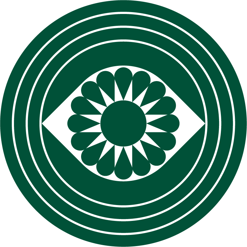 A circular graphic design with concentric rings, a central circle surrounded by a flower-like pattern, and geometric shapes including diamonds and lines, in dark green and black.