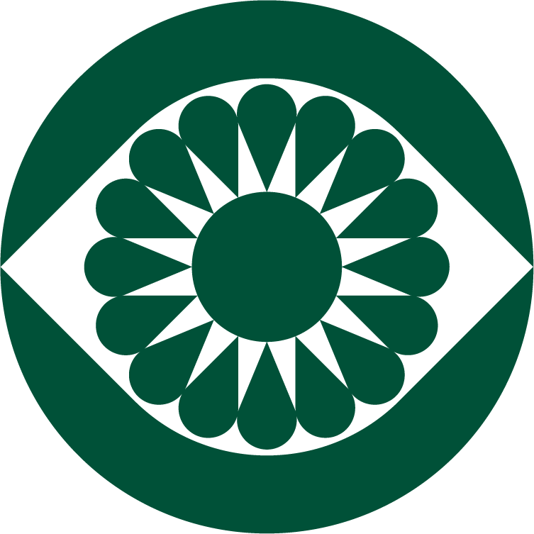 A circular geometric pattern with a central circle surrounded by petal-like shapes and an outer ring, all in dark green.