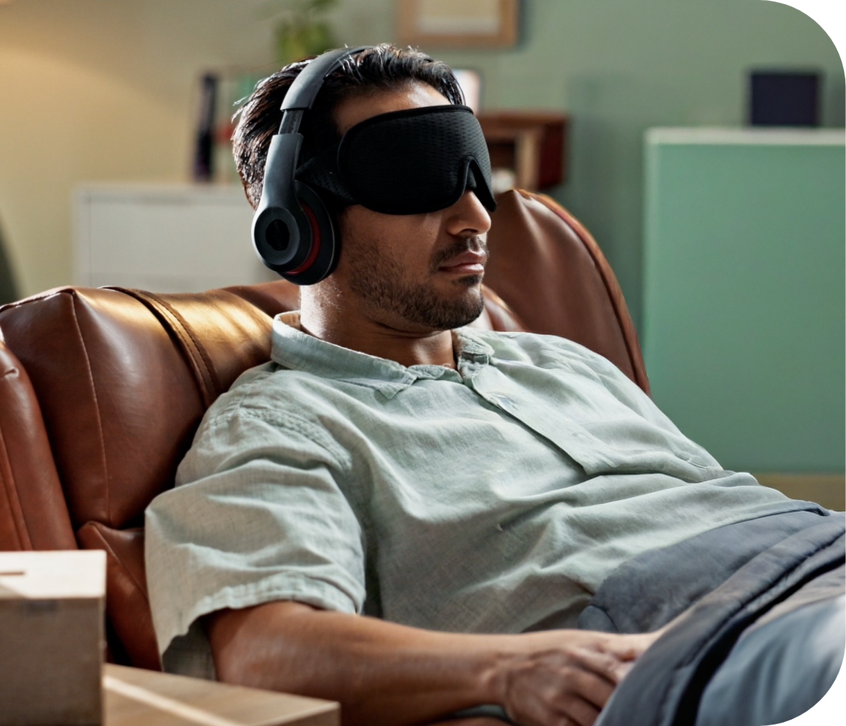 A man sitting on a brown leather couch wearing a black sleep mask and headphones, appearing relaxed in a living room.