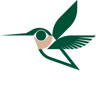 Stylized illustration of a hummingbird with beige and green colors, facing right, holding a green leaf.