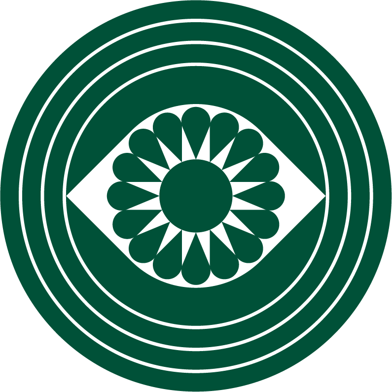 A black and dark green geometric pattern with concentric circles, a central floral motif, and diamond shapes around it.