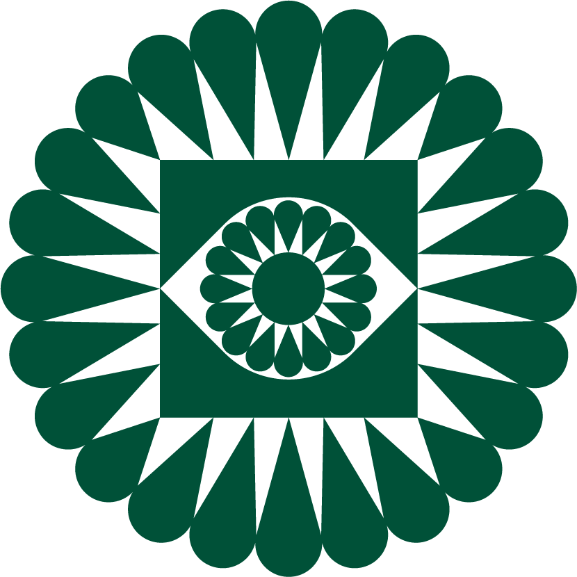 A symmetrical geometric pattern with a central circular motif, surrounded by petals and triangular shapes, in shades of dark green.