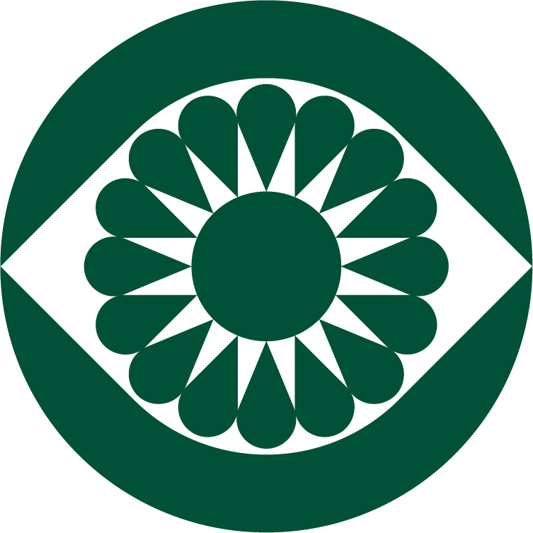 A circular green and black geometric pattern with symmetrical petal-like shapes arranged around a central circle.