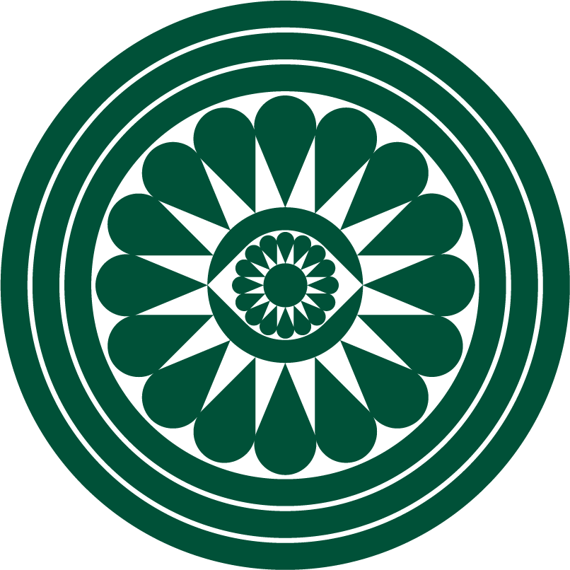 A dark green and black circular geometric pattern resembling a stylized flower or mandala with concentric rings and petal shapes.