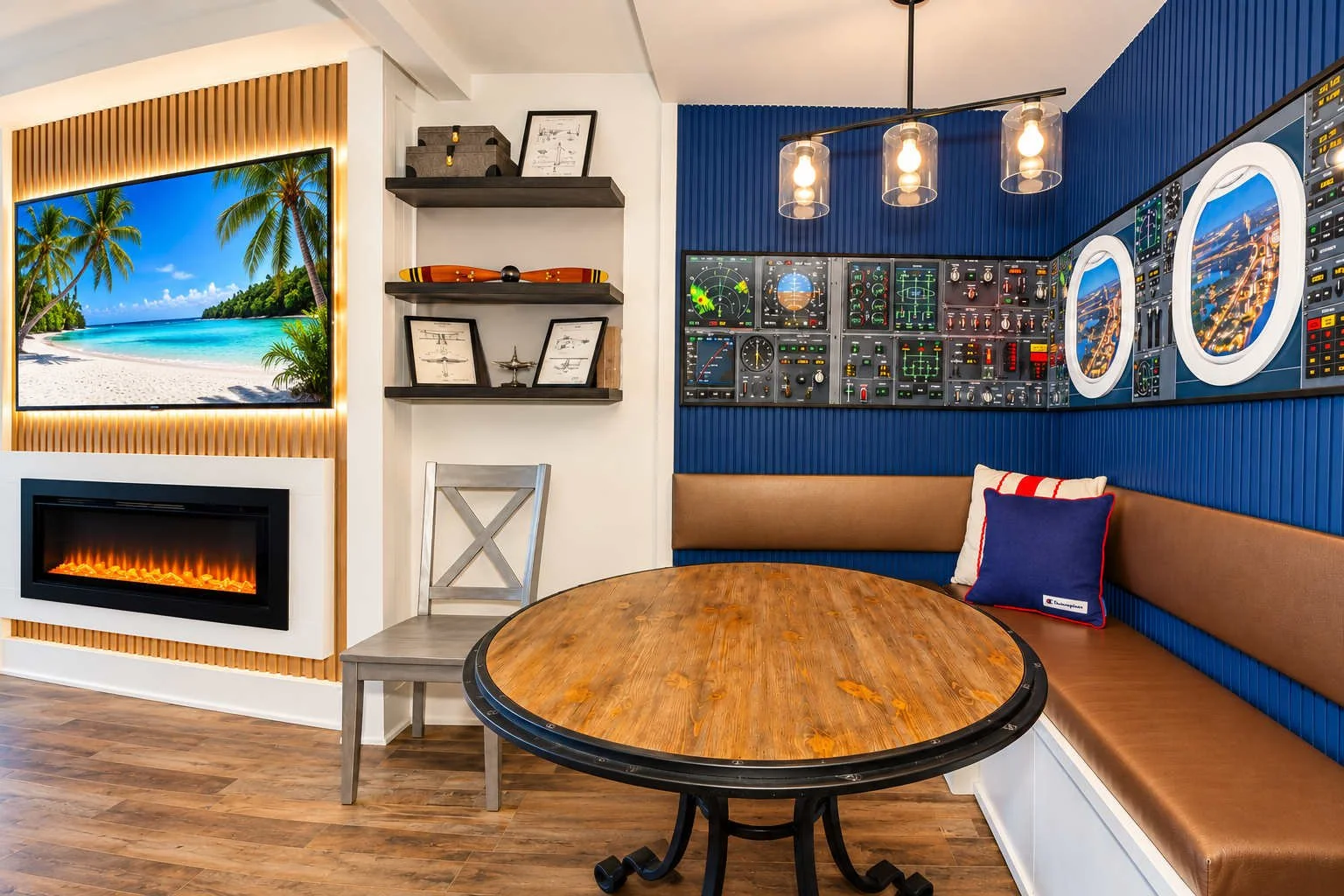 Indoor space with a wall-mounted television displaying a beach scene with palm trees, a fireplace below the TV, a wooden round table, a white chair, a blue panel with aviation instruments and screens, and a brown bench with cushions.