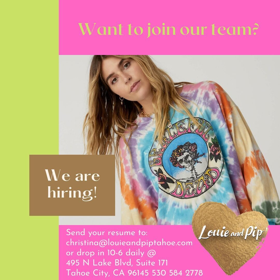 Just like everyone in town, we&rsquo;re looking to add to our team 😉💕 

Fun, locally owned, great pay and generous discounts. Senior and Junior Sales Associate positions available &hearts;️💕 @visittahoecity @northlaketahoechamber @northtahoehs