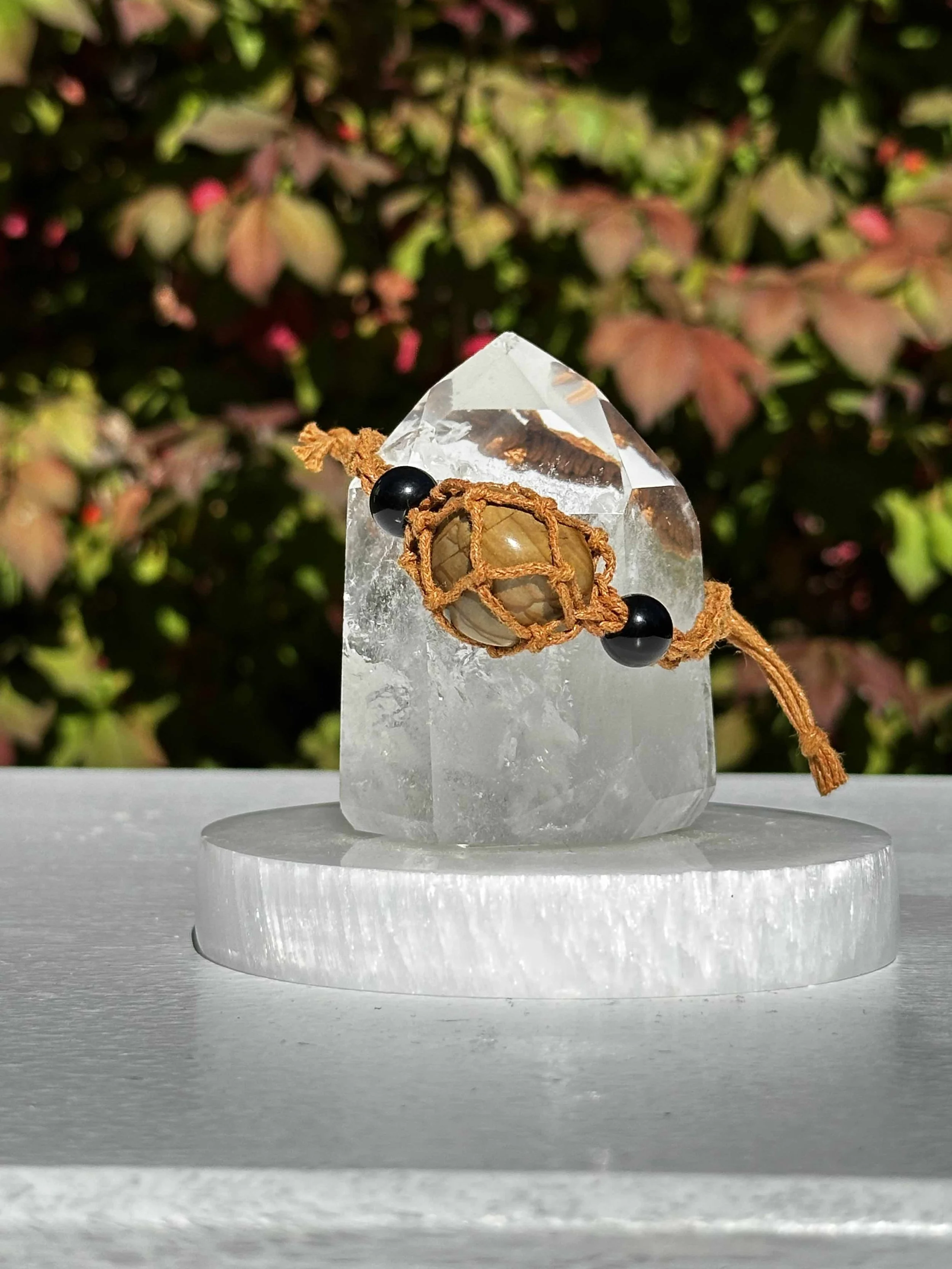 Macramé Braided Boho Crystal Bracelet Holder with Petrified Wood Crystal