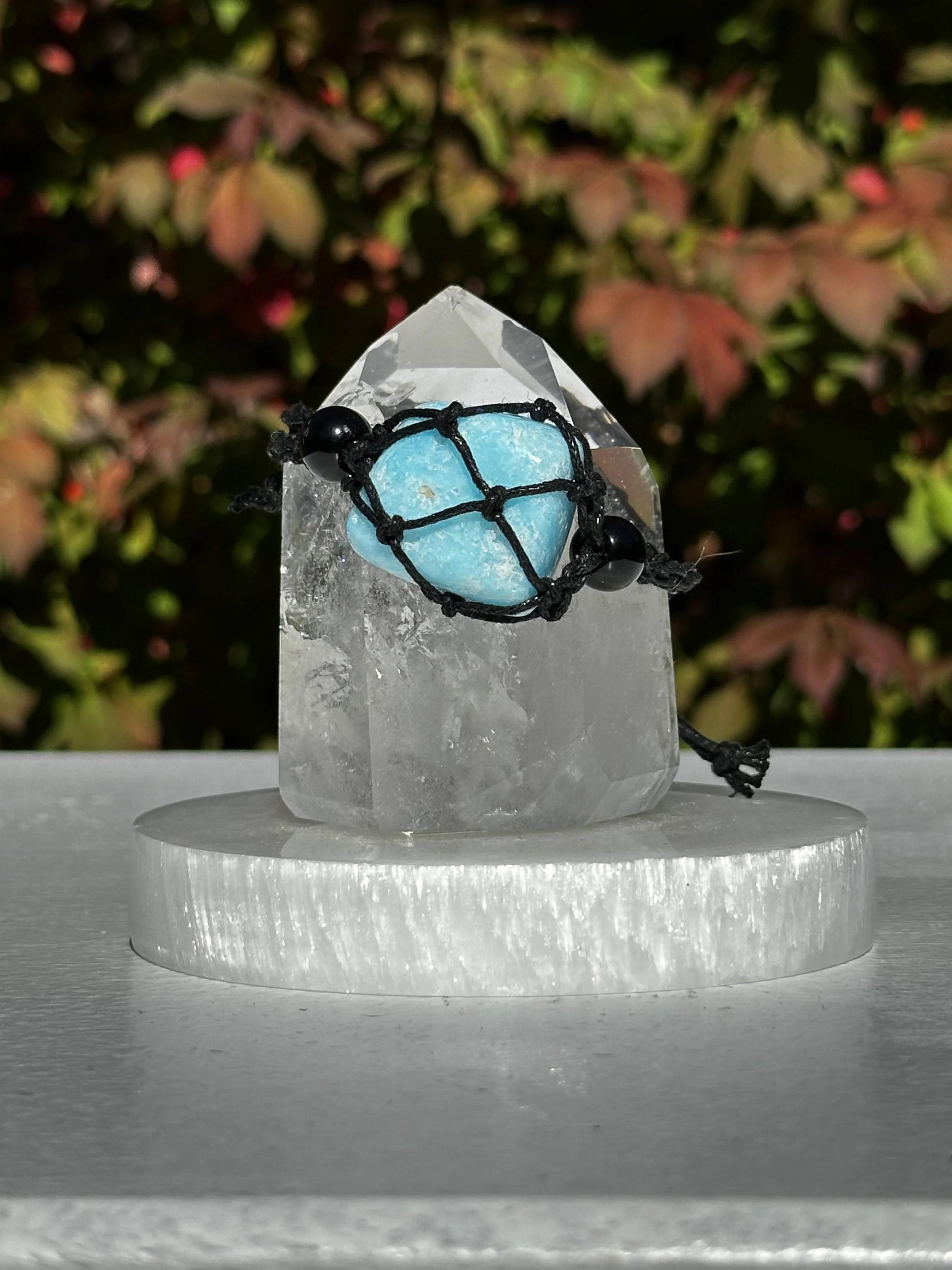 Macramé Braided Boho Crystal Bracelet Holder with Blue Aragonite Crystal