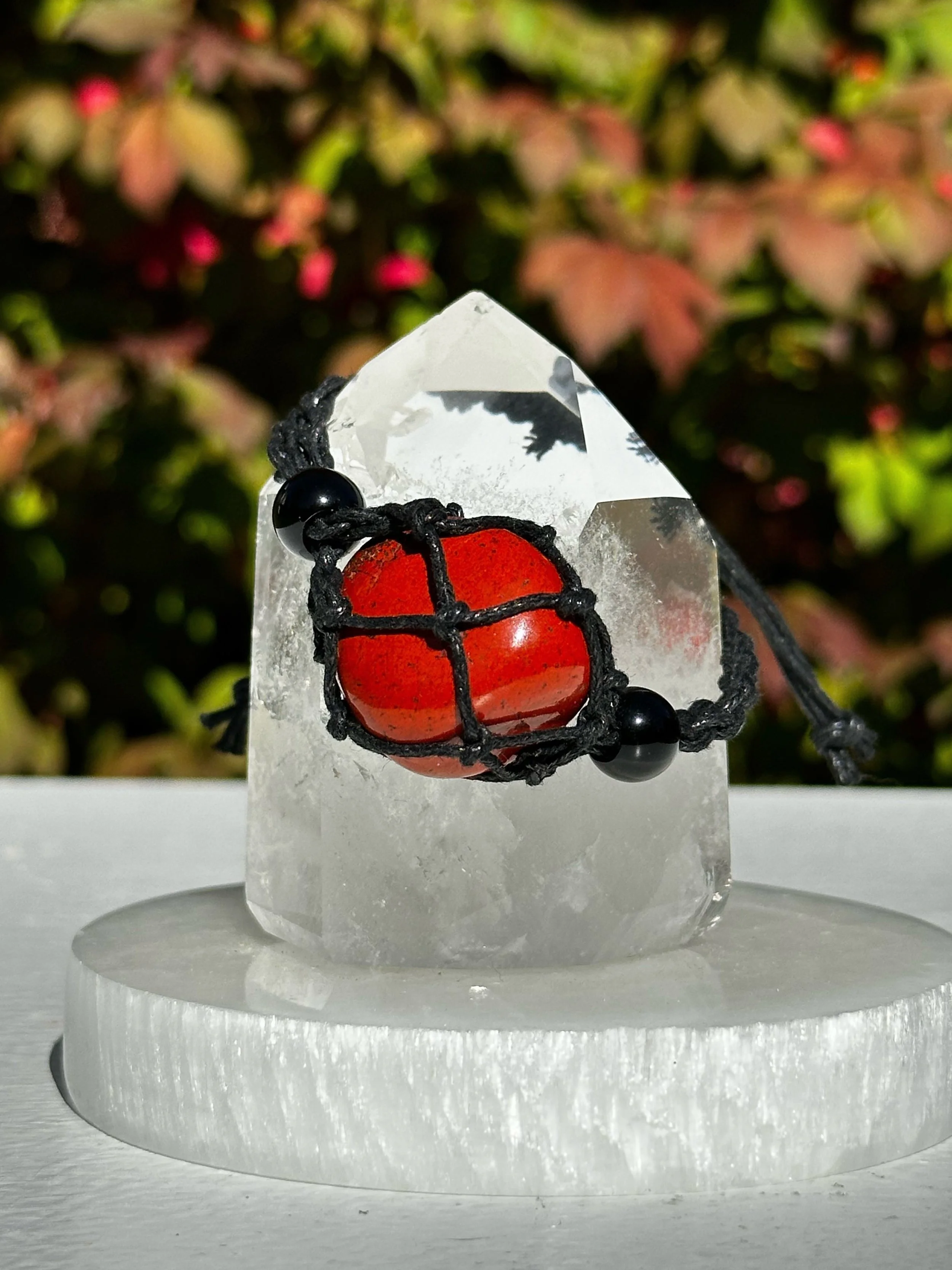 Macramé Braided Boho Crystal Bracelet Holder with Red Jasper Crystal