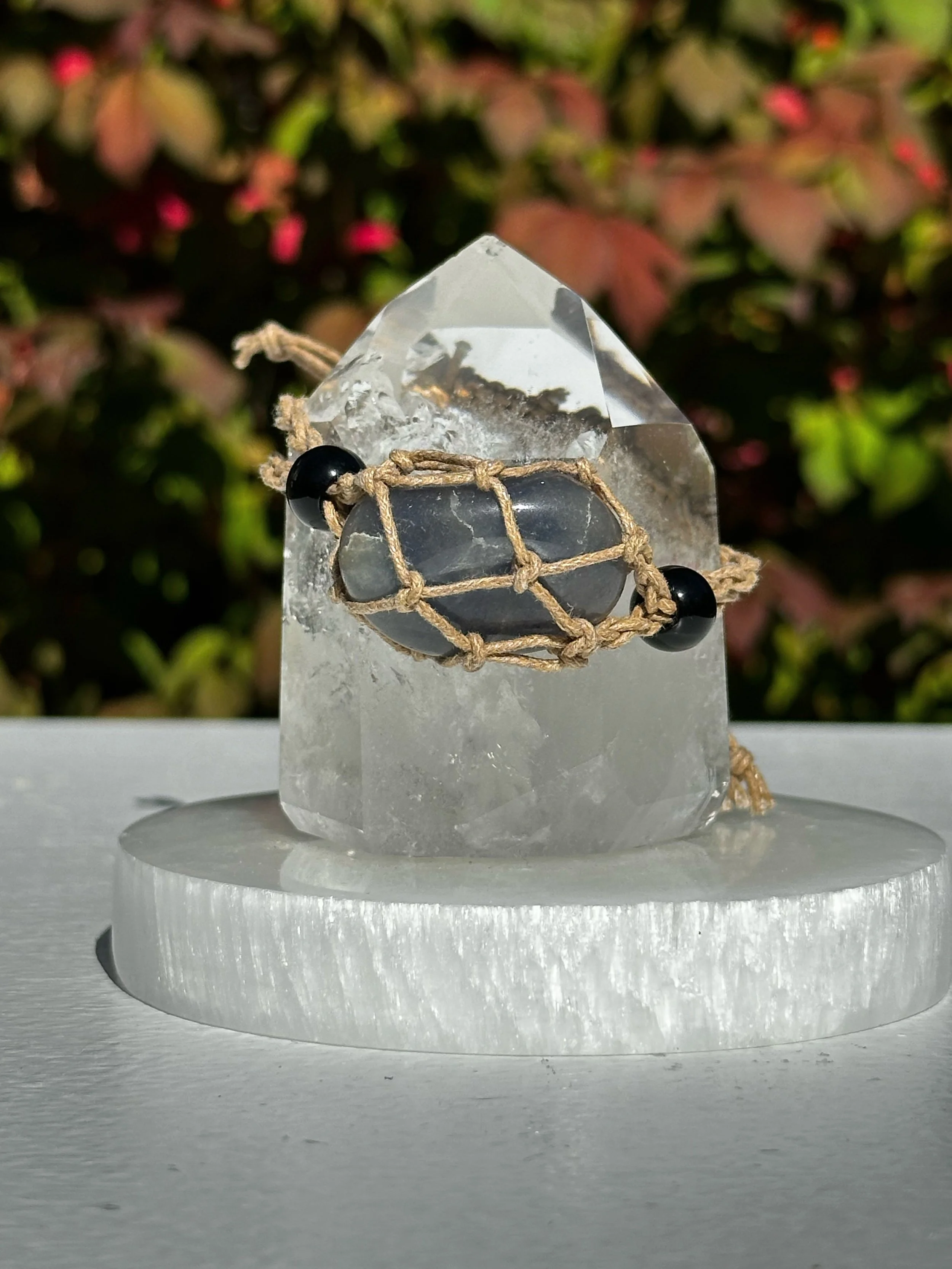 Macramé Braided Boho Crystal Bracelet Holder with Blue Aventurine Crystal