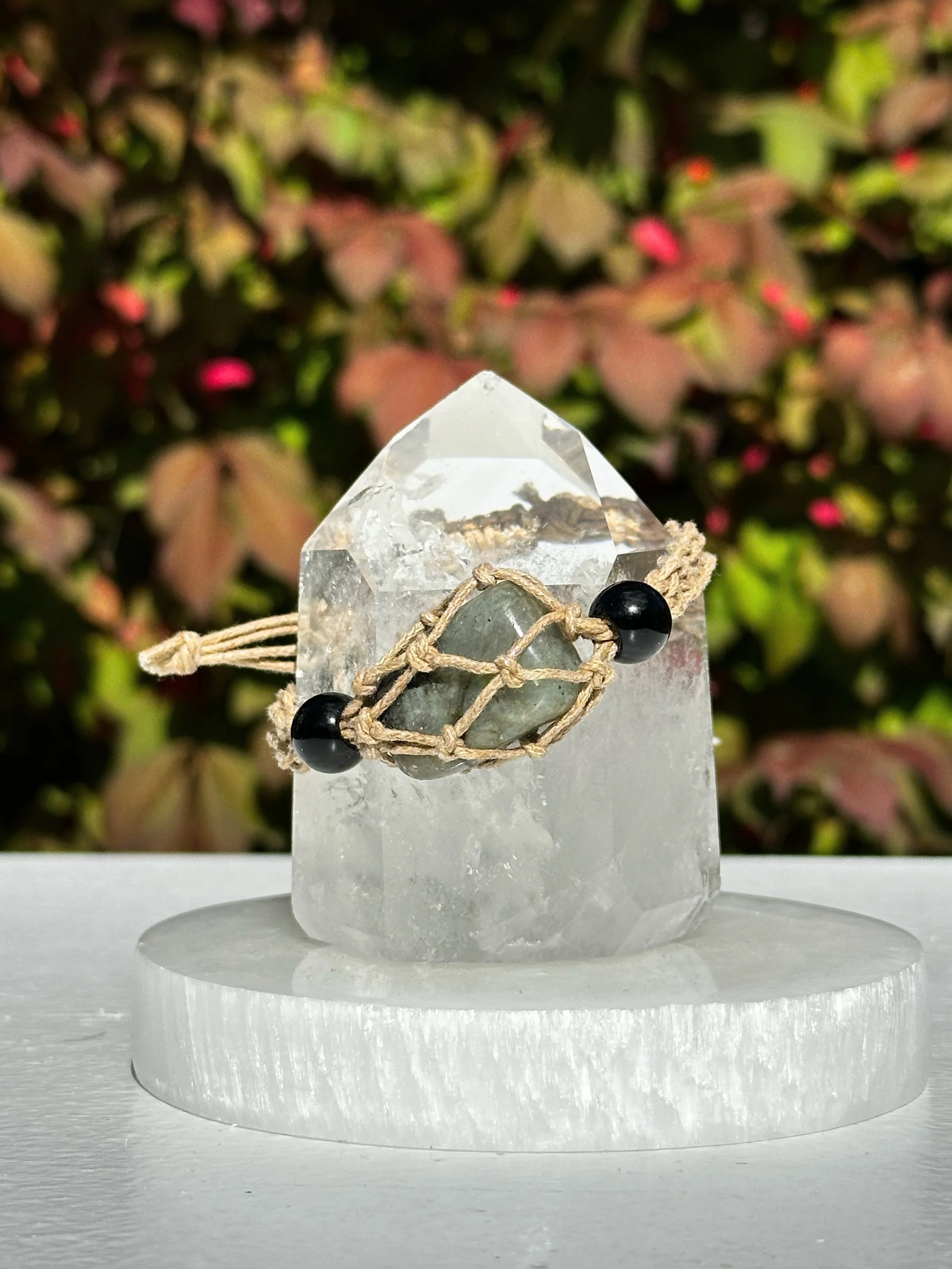 Macramé Braided Boho Crystal Bracelet Holder with Labradorite Crystal