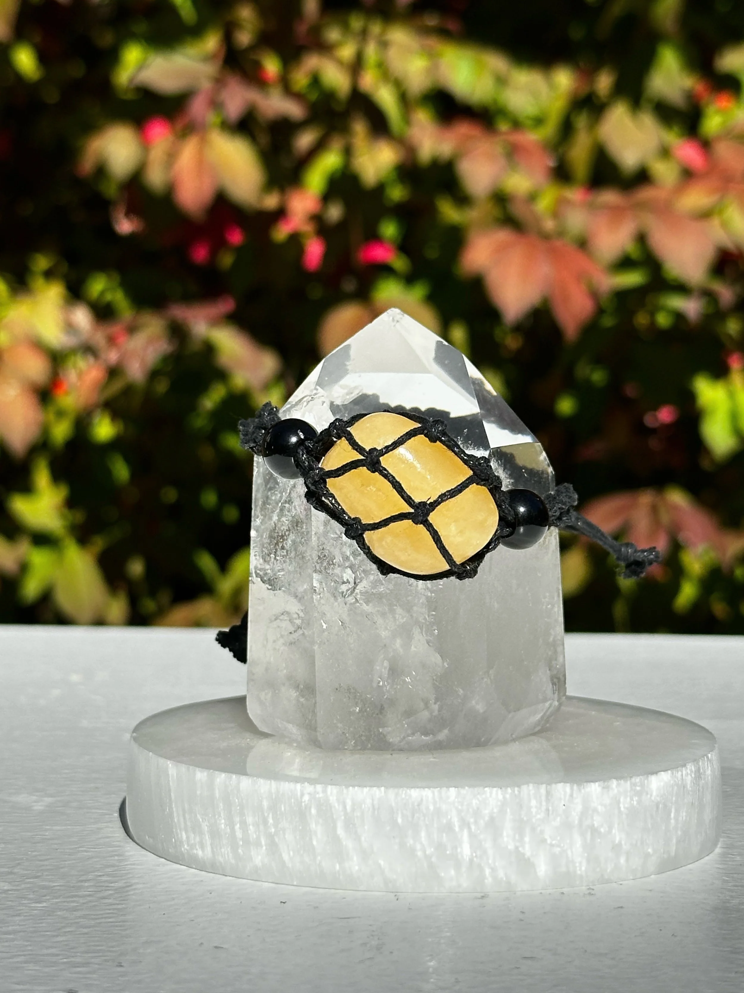 Macramé Braided Boho Crystal Bracelet Holder with Orange Calcite Crystal