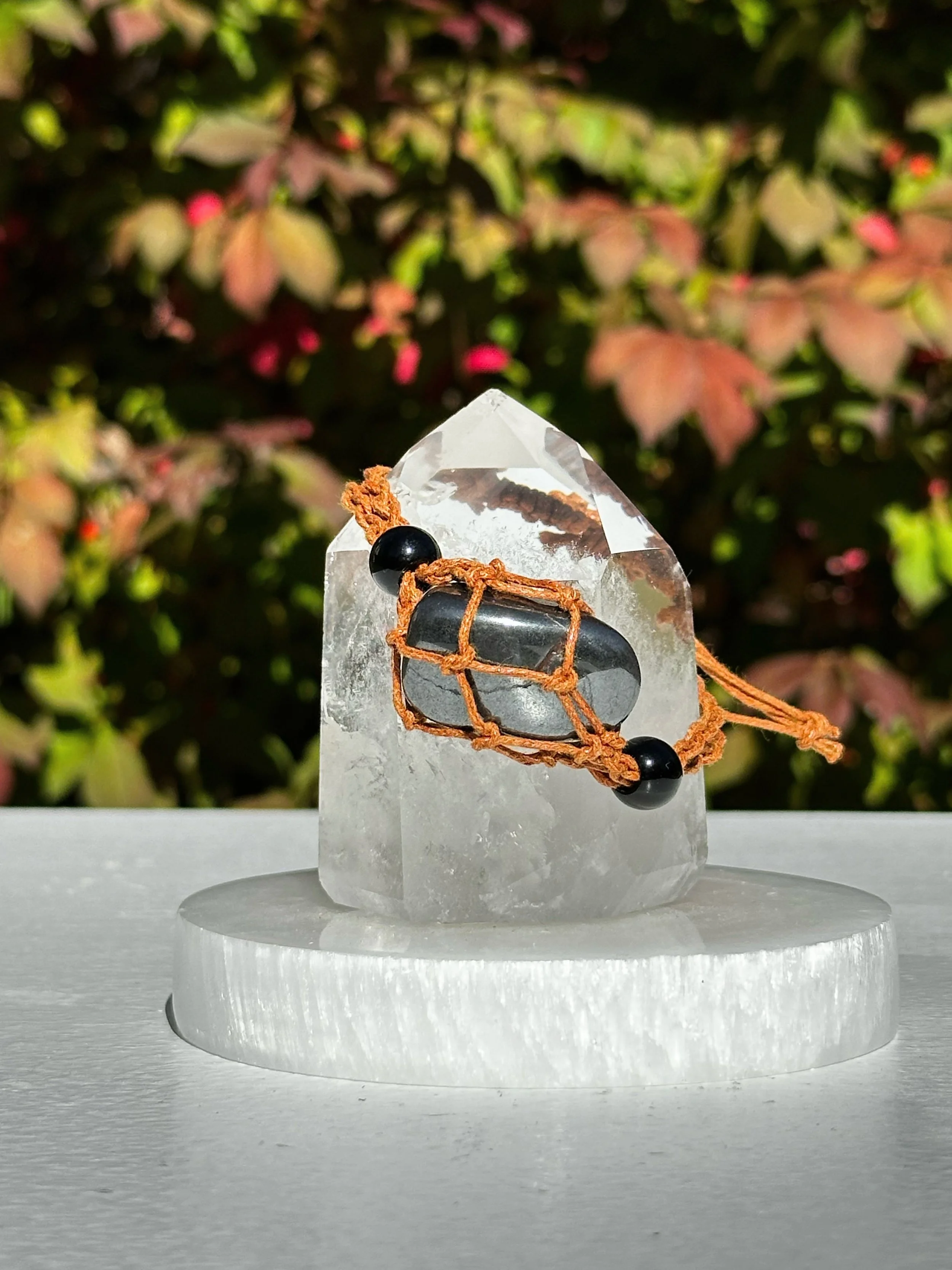 Macramé Braided Boho Crystal Bracelet Holder with Hematite Crystal